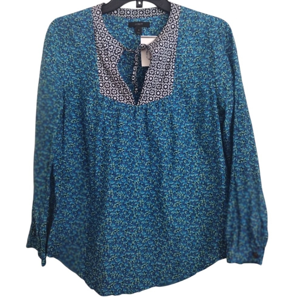 J. Crew Flowerpatch Blue Mixed Pattern Silk Cotton Top Size 4